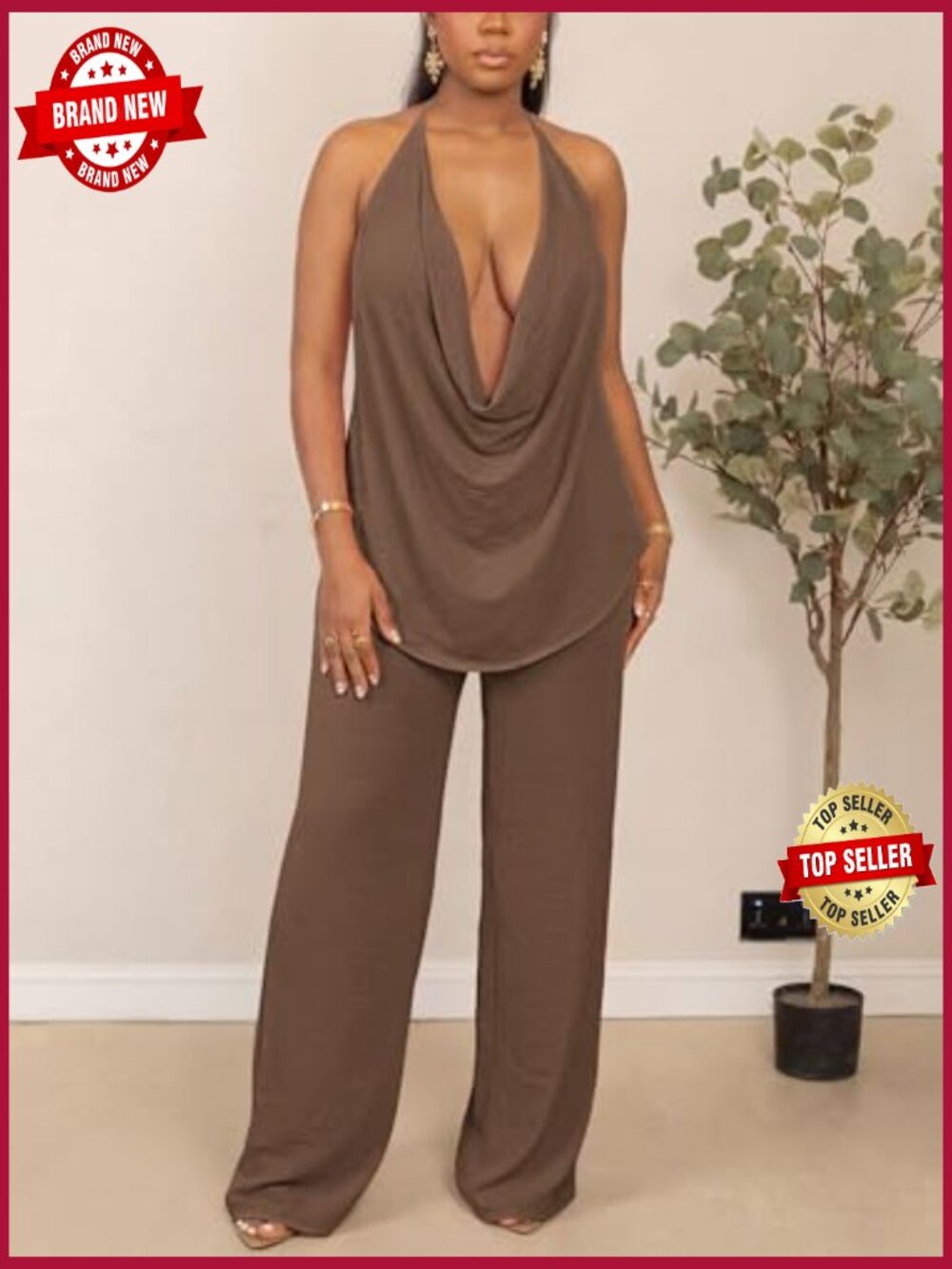 Cowl Neck Halter Top & Wide Leg Pants 2 Piece Set Sleeveless Summer Vacation - Picture 2 of 7